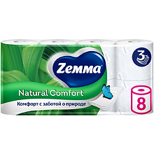 Бумага туалетная Zemma Natural Comfort, 8 рулонов, 3 слоя, белый