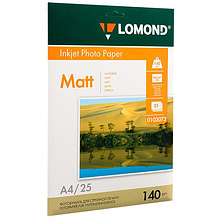 Фотобумага матовая для струйной фотопечати "Lomond", А4, 25 листов, 140 г/м2