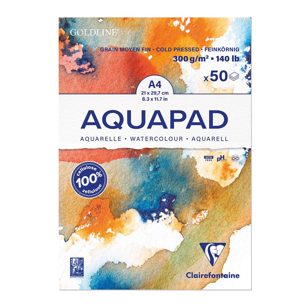 Блок-склейка бумаги для акварели "Goldline Aqua", А4, 300 г/м2 , 50 листов