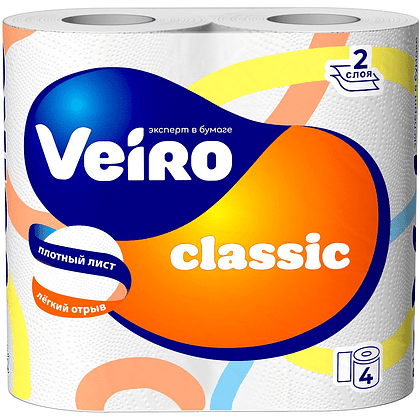 Бумага туалетная "Veiro Classic", 2 слоя, 4 рулона