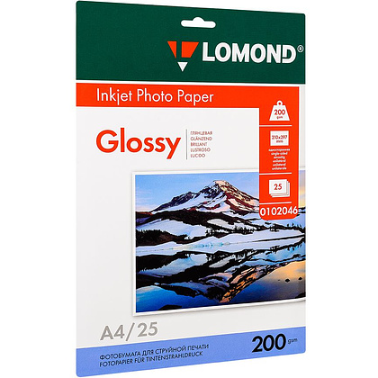 Фотобумага глянцевая для струйной фотопечати "Lomond", А4, 25 листов, 200 г/м2