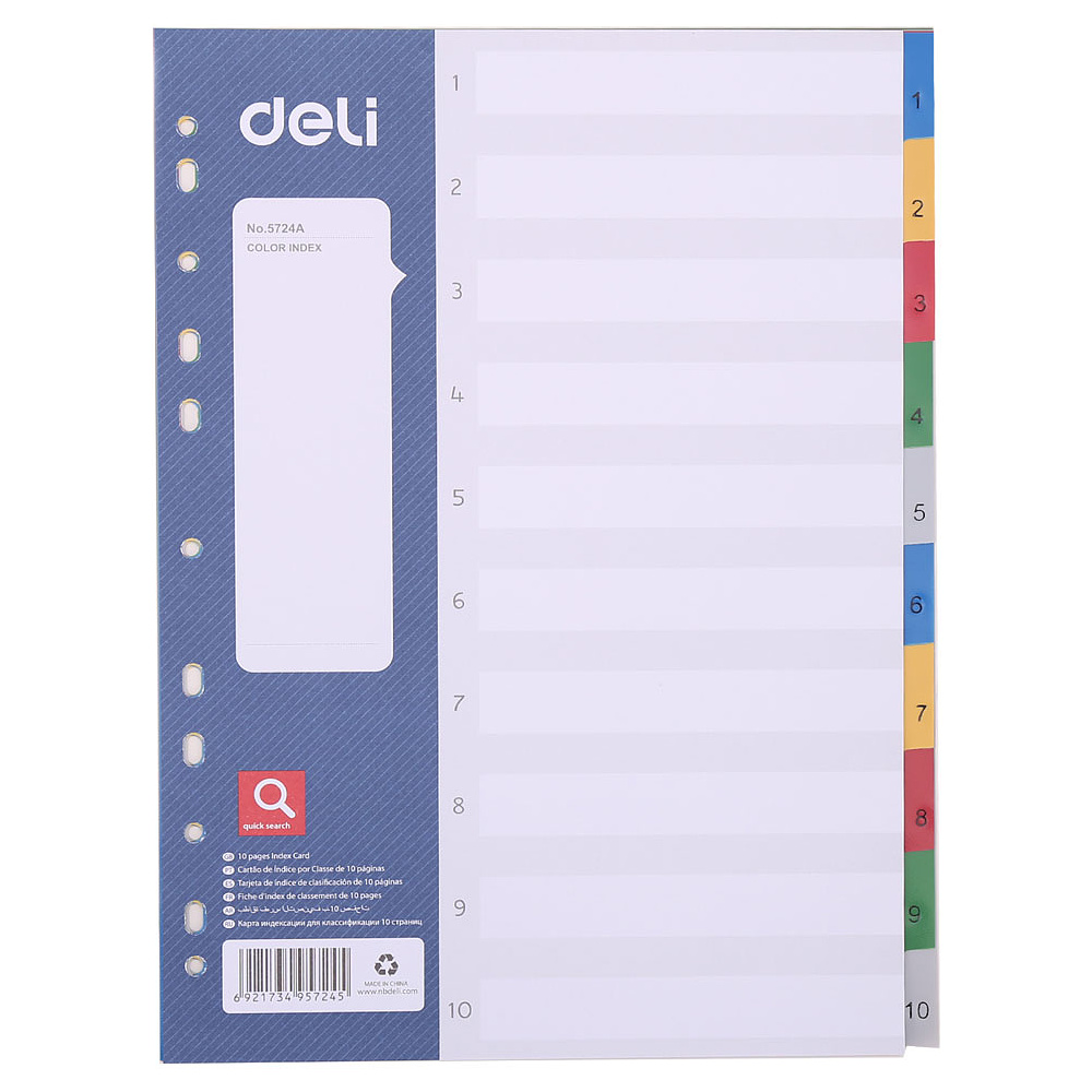 Разделитель "Deli", A4, 10 делений, ассорти