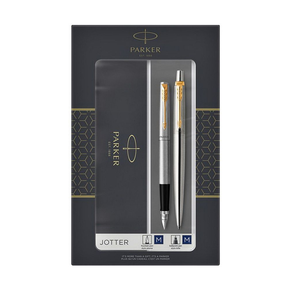 Набор "Parker Jotter Stainless Steel GT": ручка шариковая автоматическая и перьевая, золотистый, серебристый