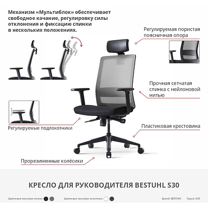 Кресло для руководителя BESTUHL "S30", сетка, ткань, пластик, серый - 10