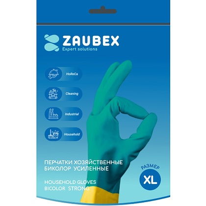 Перчатки латексные хозяйственные Zaubex БИКОЛОР, усиленные, р-р XL, зеленый, желтый