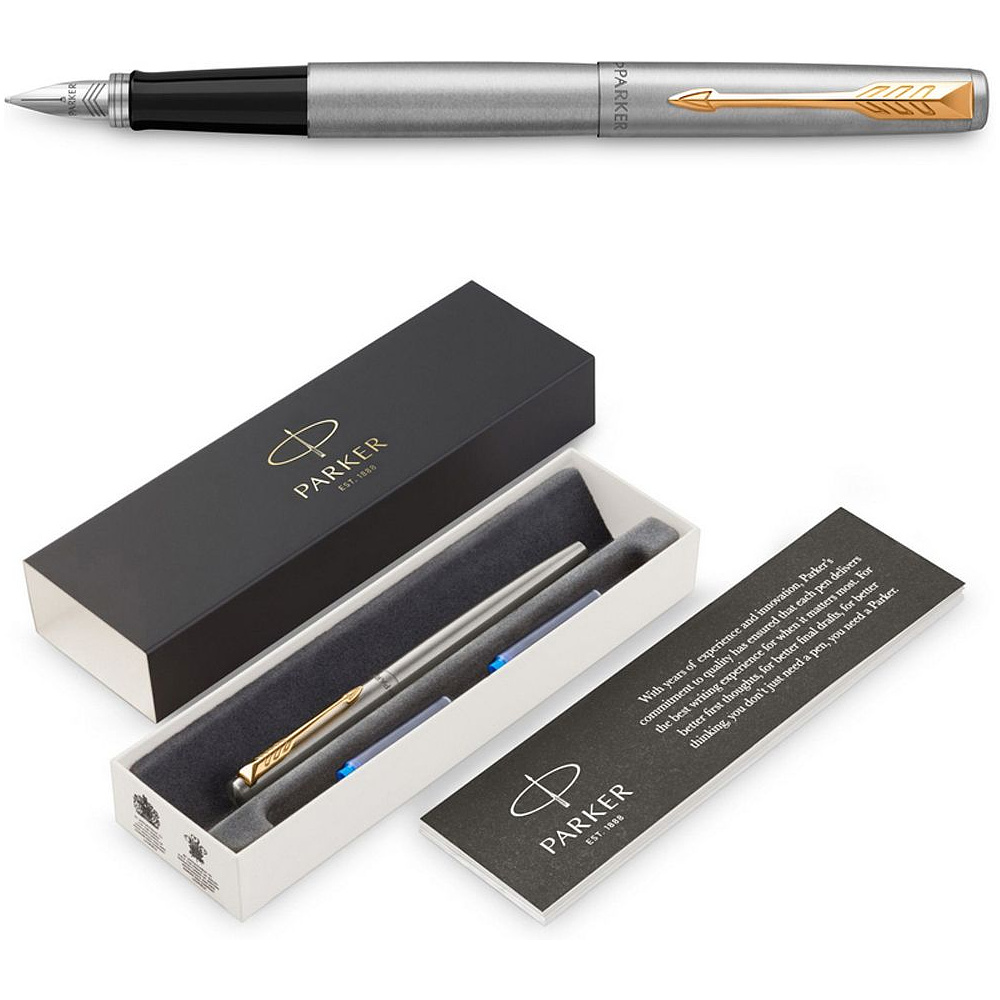 Ручка перьевая "Parker Jotter Stainless Steel CT", М, серебристый, золотистый, патрон синий - 3