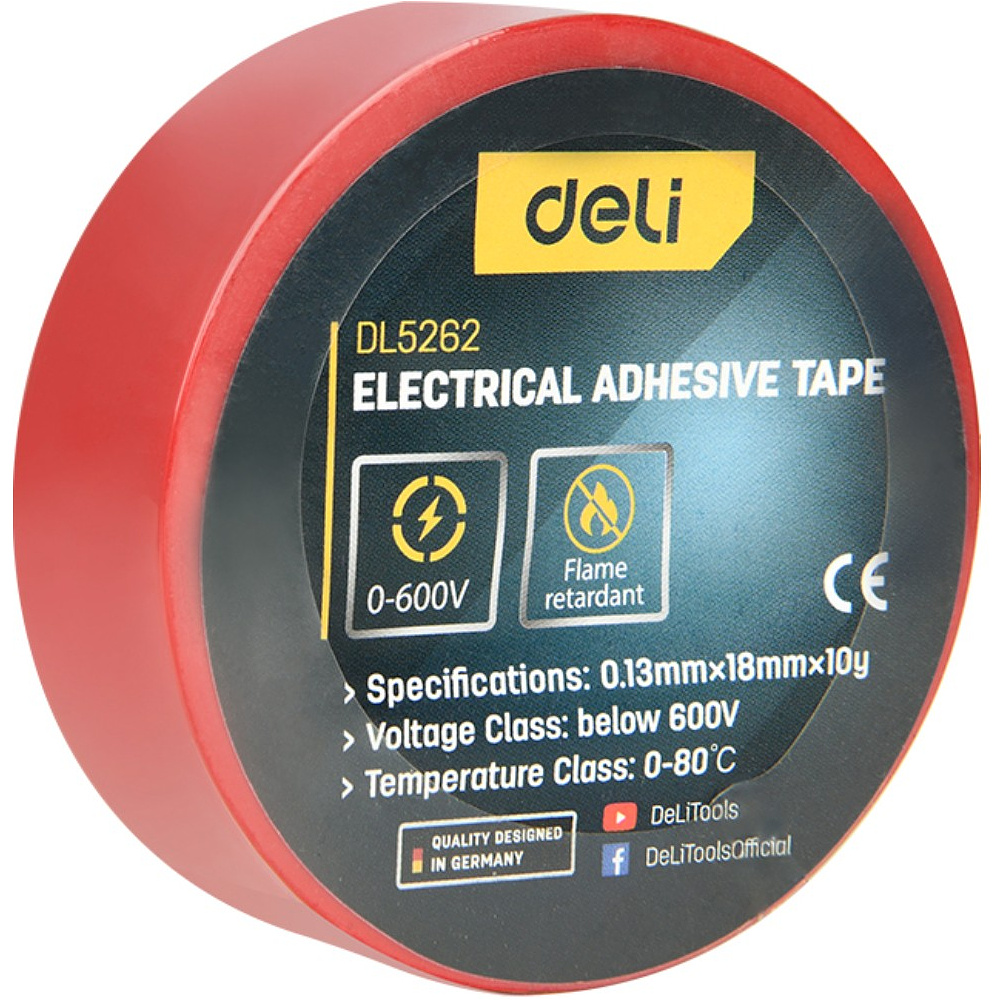 Изолента ПВХ Deli YS EDL5262, 18 мм х10 м, 130 мкм, красный