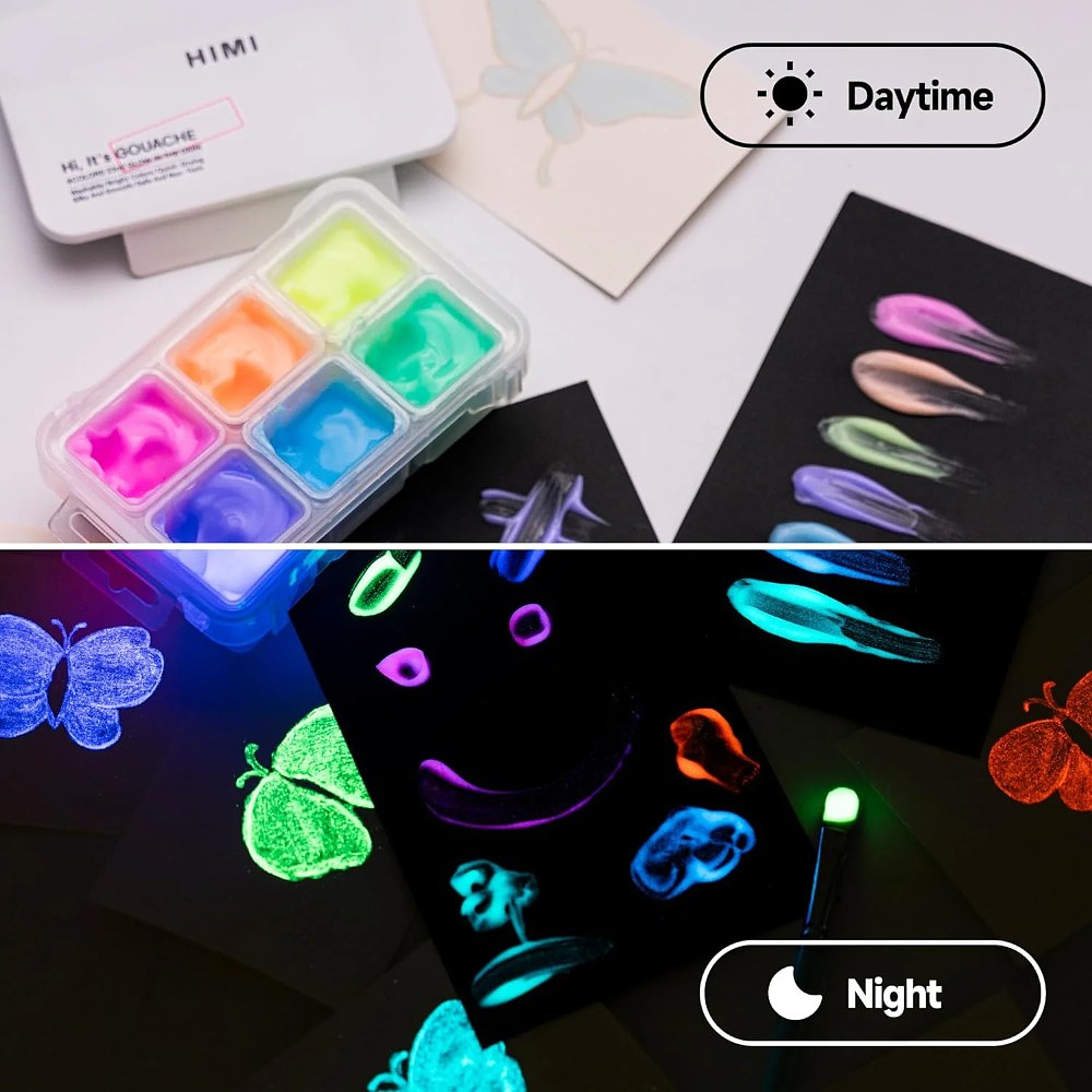 Краски гуашевые "Himi Jelly Cup.Glow in the dark. Bright color", набор 6 цветов, 23 мл., кювета, пластиковый футляр - 10
