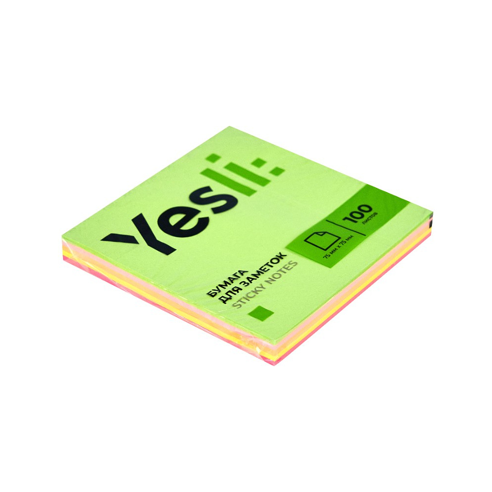 Бумага для заметок на клейкой основе "Yesli:", 75x75 мм, 100 листов,, ассорти неон - 3