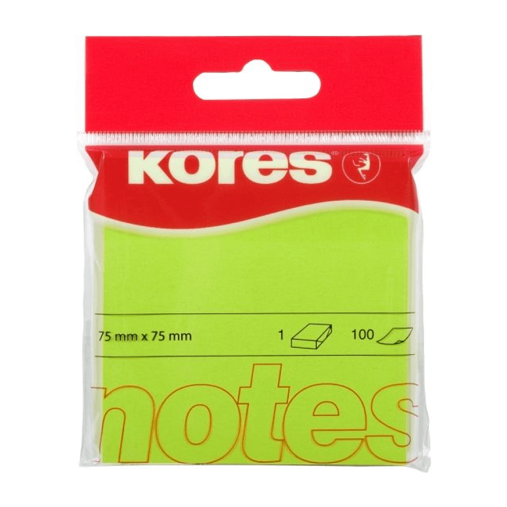 Бумага для заметок на клейкой основе "Kores Neon", 75х75 мм, 100 листов, зеленый неон